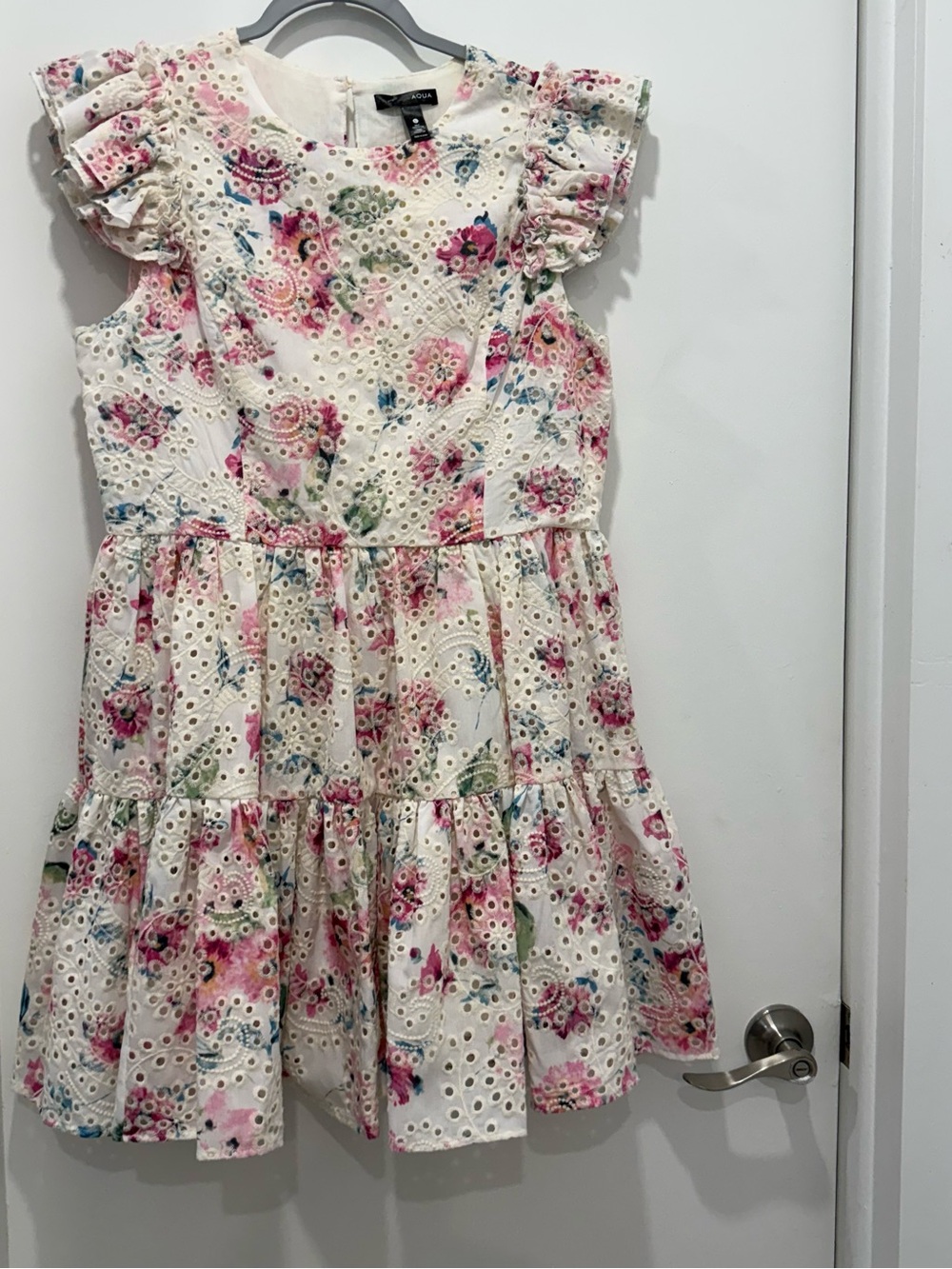 AQUA Floral Eyelet Embroidered Ruffle Sleeve Tiered Dress L